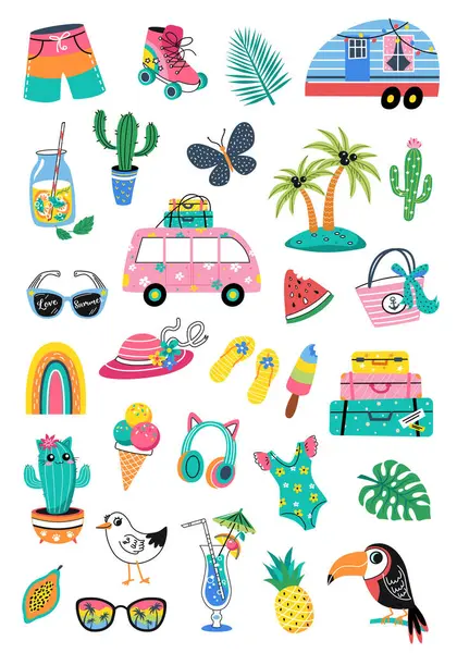 Merhaba Yaz koleksiyonu. Flamingo, dondurma, palmiye ağacı, çiçekler, kaktüs, bardaklar gibi renkli yaz sembollerinin vektör çizimi. beyaz arkaplanda izole