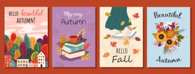 Sonbahar kartları. Sonbaharı severim. Merhaba Autumn. Çiçek buketi dalları bırakır. Broşür, poster, afiş, broşür, e-posta başlığı. beyaz arkaplanda izole