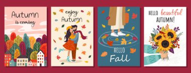 Merhaba sonbahar kartı. Sonbaharı severim. Evrensel Sonbahar kartları. Çiçek buketi dalları bırakır. Broşür, poster, afiş, broşür, e-posta başlığı. beyaz arkaplanda izole