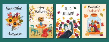 Merhaba sonbahar kartları. Sonbaharı severim. Çiçek buketi dalları bırakır. Broşür, poster, afiş, broşür, e-posta başlığı. beyaz arkaplanda izole