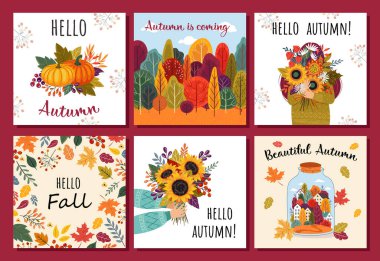 Evrensel sonbahar kare kartları. Sonbaharı severim. Merhaba Autumn. Çiçek buketi dalları bırakır. Broşür, poster, afiş, broşür, e-posta başlığı. beyaz arkaplanda izole