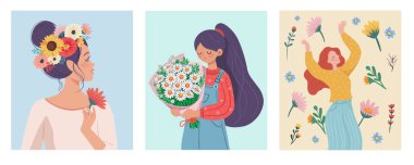 Çiçek buketleri ve kadınlar. Çiçekçi dükkanı için besteler. Papatya çayı, gerberalar, yabani çiçekler. İyi tatiller. Renk arkaplanında izole edilmiş vektör illüstrasyonu.