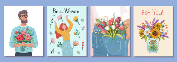 Set of Love, Hug, Beauty, gift concept. Young woman girl cartoon hiding behind the bouquet of flowers. Happy holidays. Vector illustration isolated on color background.