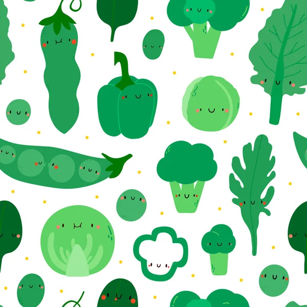 Verduras Verdes Patrón Sin Costura Textura Vectorial Linda Con Caracteres — Vector de stock