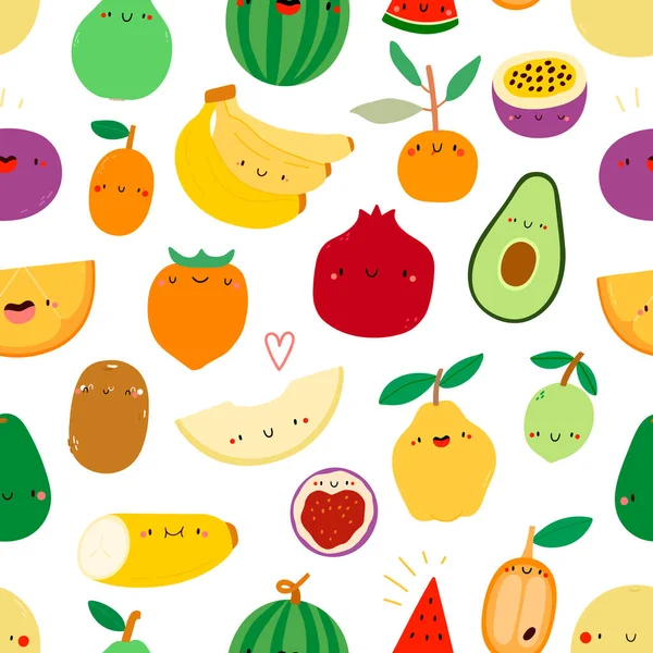 トロピカルフルーツシームレスパターン エキゾチックな手描きの果物とベクトルテクスチャ バナナ ザクロ メロン スイカ イチジク クムカット アボカド ライム — ストックベクタ