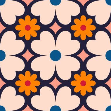 Beautiful seamless texture in retro style. Abstract floral tile in retro style. Colorful vector background with simple flowers. Floral tile pattern.