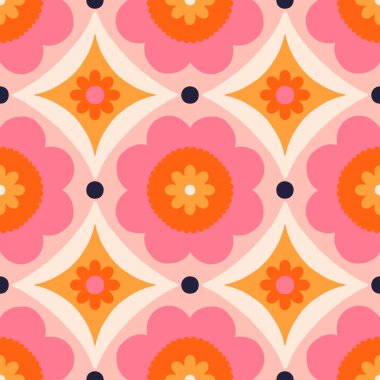 Beautiful abstract pattern with floral tiles. Vector seamless texture with symmetrical design. Background in retro bold style