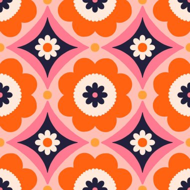 Beautiful abstract pattern with floral tiles. Vector seamless texture with symmetrical design. Background in retro bold style