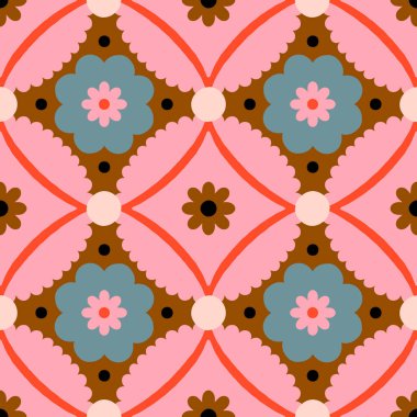 Vector abstract floral tile. Seamless pattern with geometrical flowers and shapes. Background in retro style