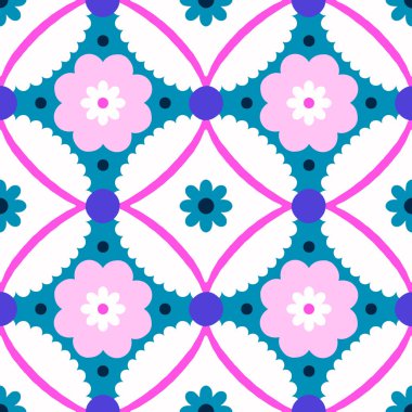 Vector abstract floral tile. Seamless pattern with geometrical flowers and shapes. Background in retro style