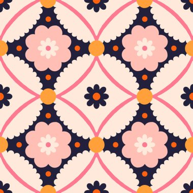 Vector abstract floral tile. Seamless pattern with geometrical flowers and shapes. Background in retro style