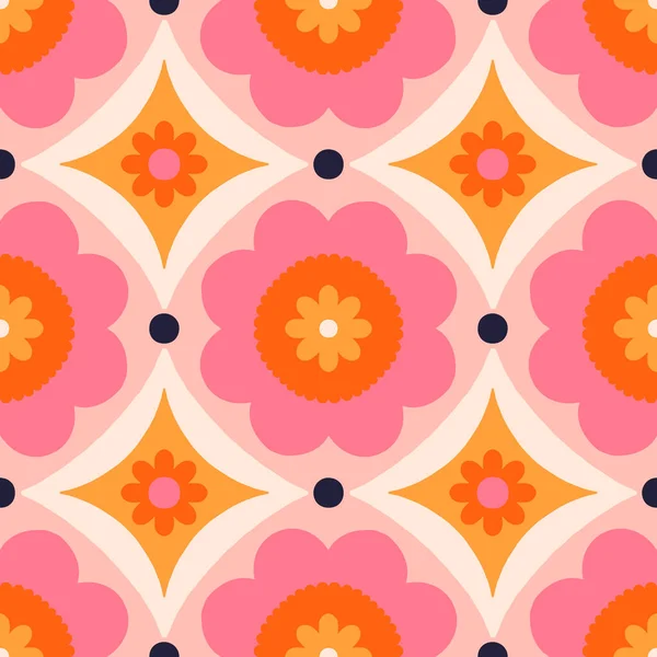Beautiful abstract pattern with floral tiles. Vector seamless texture with symmetrical design. Background in retro bold style