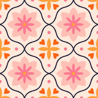 Decorative pattern with symmetrical shapes and abstract flowers. Floral tiled texture in retro style. Repetitive seamless mosaic background