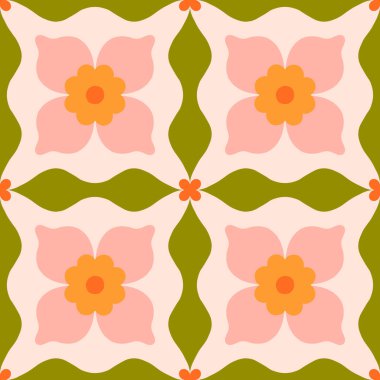 Simple floral tiled pattern. Vector seamless texture with symmetrical flowers and geometrical shapes. Beautiful background in retro style
