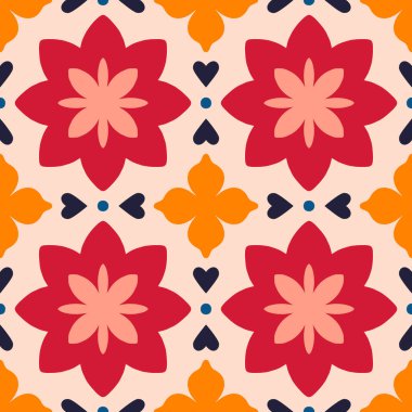 Seamless pattern with abstract flowers and hearts. Vector texture in retro style. Floral tile background.