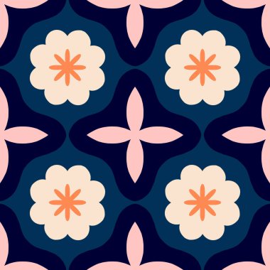 Beautiful repetitive floral tile. Vector seamless pattern with abstract shapes and flowers. Modern tile background