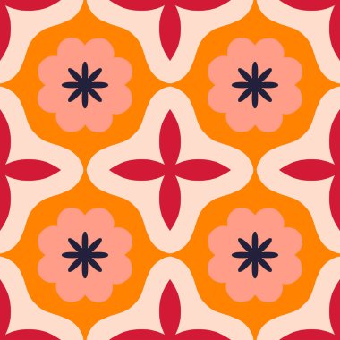 Beautiful repetitive floral tile. Vector seamless pattern with abstract shapes and flowers. Modern tile background