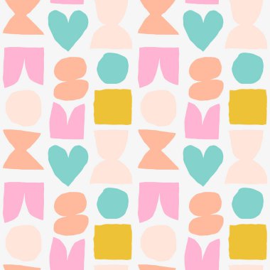 Cute and simple pattern with cut out abstract shapes. Colourful seamless texture with heart, circle, square and abstract figures. Hand drawn modern background in vivid colours clipart