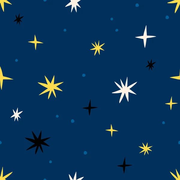抽象異なる星とシームレスなテクスチャ レトロなスタイルで手描きの星の背景 ベクトル夢のような空のパターン — ストックベクタ