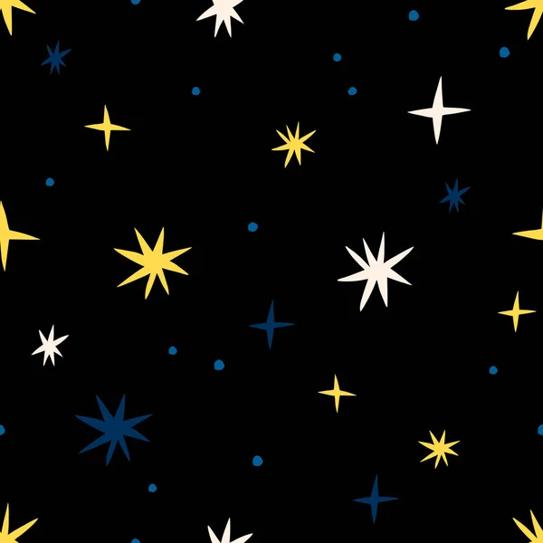 抽象異なる星とシームレスなテクスチャ レトロなスタイルで手描きの星の背景 ベクトル夢のような空のパターン — ストックベクタ
