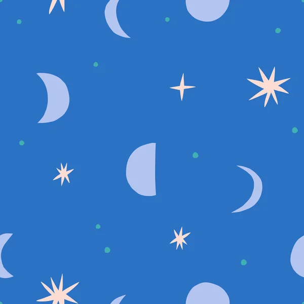 Patrón Sin Costuras Luna Estrellas Textura Celestial Vectorial Con Diferentes — Vector de stock