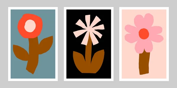 Картины Стене Набор Трех Плакатов Цветами Векторная Цветочная Иллюстрация Коллекция — стоковый вектор