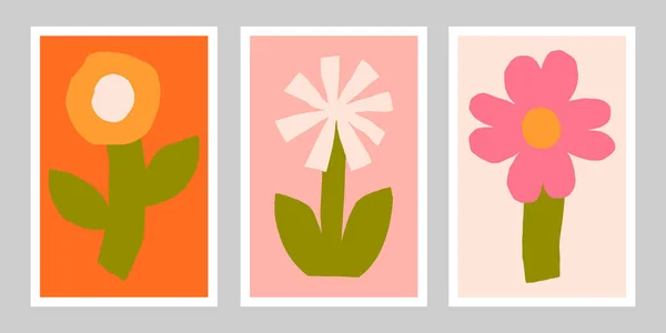 Wandkunst Drei Poster Mit Blumen Vektor Florale Illustration Plakatsammlung Mit — Stockvektor