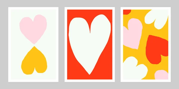Wandkunst Serie Von Drei Postern Mit Herzen Vektorromantische Illustration Plakatsammlung — Stockvektor