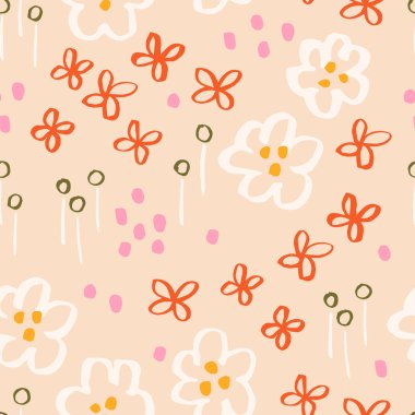 Güzel çiçek alanı vektör dokusu. Elle çizilmiş mürekkep çiçekleri ve yapraklarla kusursuz çiçek deseni. Soyut botanik arkaplan