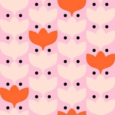 Retro soyut çiçek dokusu. Çiçek ve noktaların tekrarı ile kusursuz bir vektör deseni. Bir satırda geometrik basit çiçekler