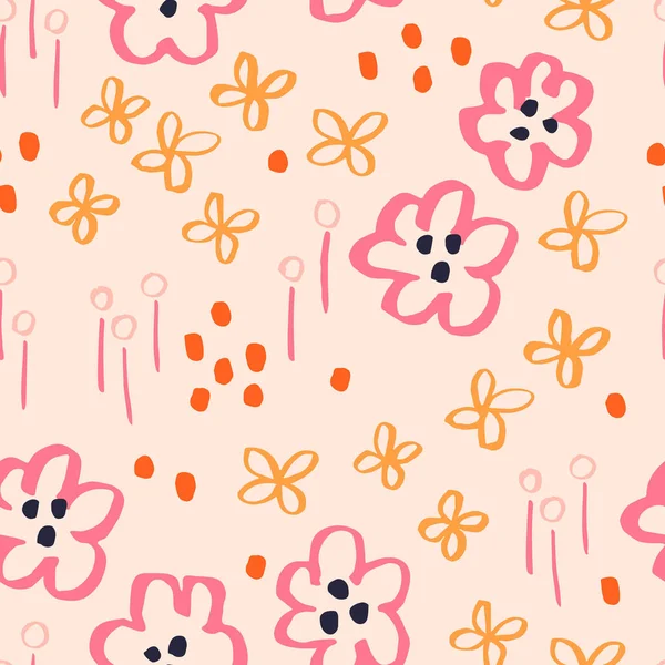 美しい花のフィールドベクトルテクスチャ 手描きのインクの花や葉とシームレスな花のパターン 植物学的背景 — ストックベクタ