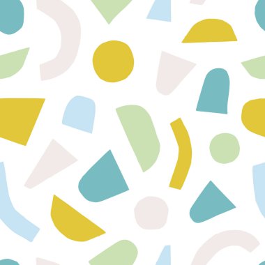 Modern Geometri 'nin kusursuz konuşmaları. Kesik şekilli kusursuz vektör dokusu. Farklı biçim ve biçimlere sahip retro tarzında oyuncu arkaplan