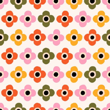 Tekrarlanan Retro Flowers deseni. Basit, dikişsiz çiçek desenli retro tarzında. Hoş, kalın çiçek arkaplanı