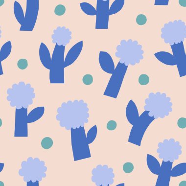 Geçmişe dönük sevimli bir çiçek deseni. Basit kalın çiçekli kusursuz vektör dokusu. Çiçekleri ve noktaları kes