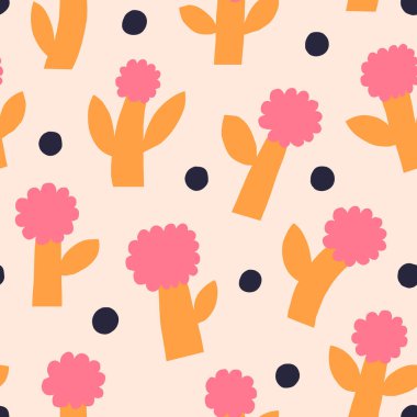 Geçmişe dönük sevimli bir çiçek deseni. Basit kalın çiçekli kusursuz vektör dokusu. Çiçekleri ve noktaları kes