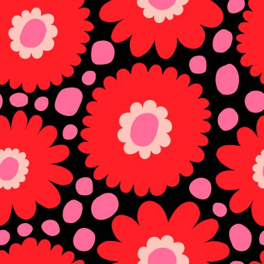 Güzel vektör deseni. Pürüzsüz desen, kalın elle çizilmiş çiçekler ve noktalar. Geçmişe dönük çiçekli arka plan