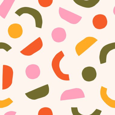 Basit ve eğlenceli, şekilleri keser. Renkli geometrik şekilli vektör soyut, dikişsiz doku. Oyuncu arkaplan