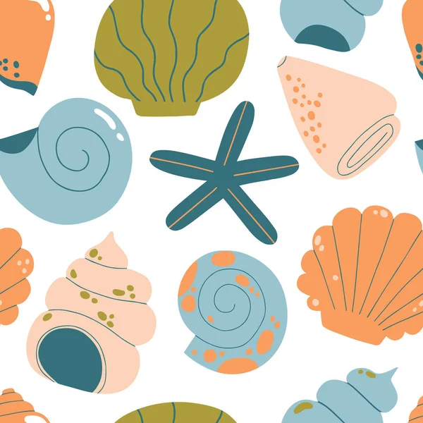 漂亮的无缝矢量图案手绘海贝壳 带贝壳和海星的航海纹理 海底珊瑚背景 — 图库矢量图片