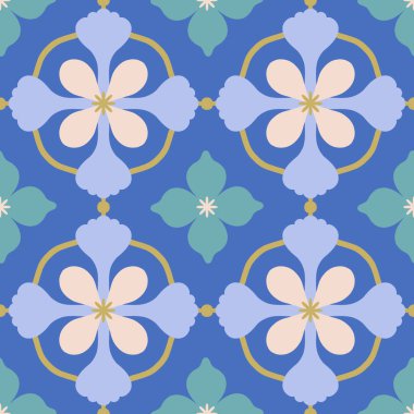 Geometrik çiçekli güzel, pürüzsüz desen. Seramik fayans şeklinde vektör dokusu, basit çiçekler ve soyut şekiller. Tekrarlanan dekoratif arkaplan