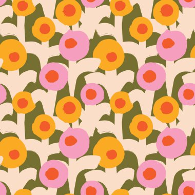 Kusursuz El Çizimi Soyut Çiçek Deseni. Pembe, bej, yeşil, sarı ve siyah olarak kalın Retro Flowers. Kumaş ve Duvar Kağıdı için Klasik Biçim Tekrarla