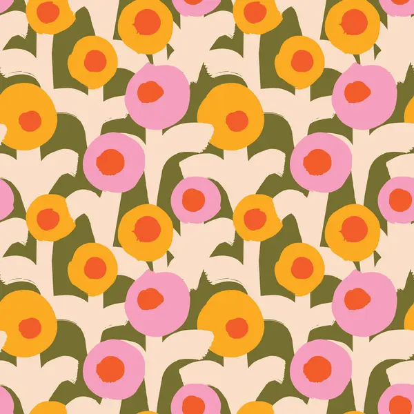 Kusursuz El Çizimi Soyut Çiçek Deseni. Pembe, bej, yeşil, sarı ve siyah olarak kalın Retro Flowers. Kumaş ve Duvar Kağıdı için Klasik Biçim Tekrarla