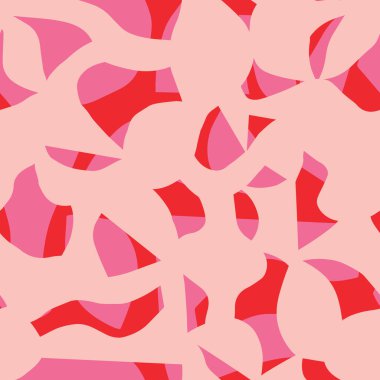 Pembe ve kırmızı renklerde organik kesme şekilleri olan kusursuz soyut desen. Modern sanatsal kolaj tarzı. Kumaş, duvar kağıdı, ambalaj kağıdı, giysi ve kırtasiye için mükemmel.