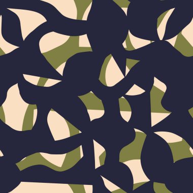 Zeytin yeşili, siyah ve bej renginde organik kesim şekilleri olan kusursuz soyut desenler. Modern sanatsal kolaj tarzı. Kumaş, duvar kağıdı, ambalaj kağıdı, giysi ve kırtasiye için mükemmel.