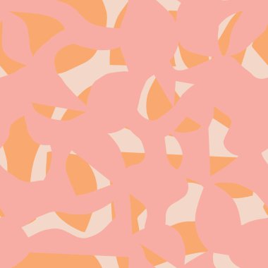 Pembe, turuncu ve bej renkli organik kesim şekilleri olan kusursuz soyut desenler. Modern sanatsal kolaj tarzı. Kumaş, duvar kağıdı, ambalaj kağıdı, giysi ve kırtasiye için mükemmel.