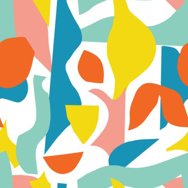 Renkli organik kesik şekilli kusursuz soyut desen. Modern kolaj tarzı arka plan. Kumaş, duvar kağıdı, ambalaj kağıdı, kırtasiye, damgalama ve dijital tasarım için mükemmel.