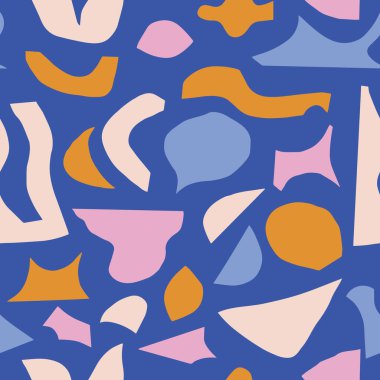 Organik Şekiller Kolajı ile Soyut Kusursuz Desen. Kağıt Kesiği Estetik ile Modern Sanatsal Doku. Mavi, Pembe, Kahverengi Sıcak Tonlarda Yaratıcı Arkaplan