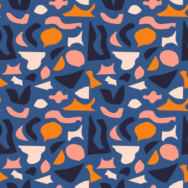 Organik Şekiller Kolajı ile Soyut Kusursuz Desen. Kağıt Kesiği Estetik ile Modern Sanatsal Doku. Donanma Mavi Arkaplanda Yaratıcı Arkaplan 