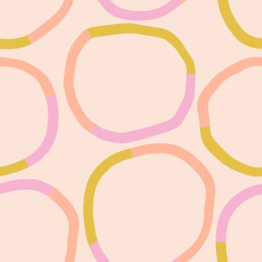 El çizimi Çok Renkli Çemberli Soyut Kusursuz Desen. Şirin Çemberli Basit ve Neşeli Doku. Renkli Organik Şekiller Arkaplanı