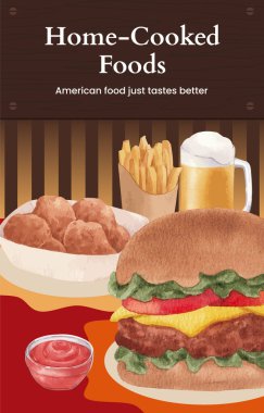 Amerikan fast food konseptiyle davetiye şablonu, suluboya stil