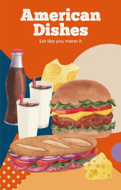 Amerikan fast food konseptiyle davetiye şablonu, suluboya stil